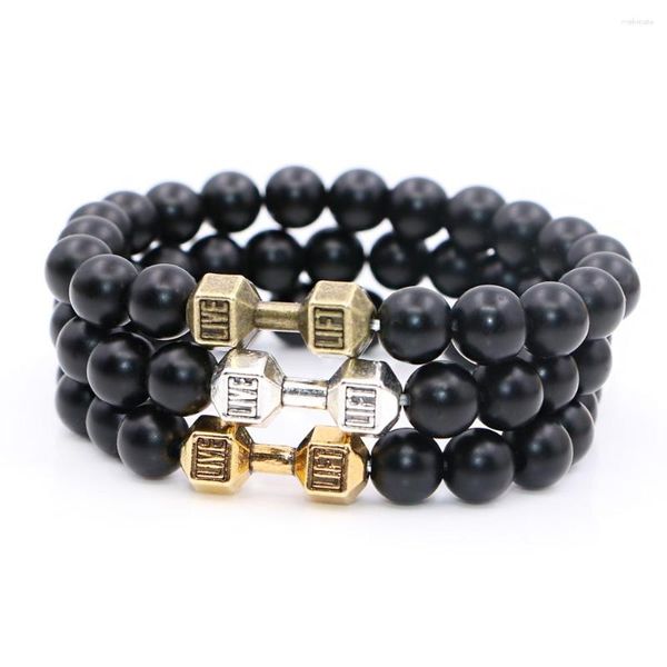 Charm Bracelets Mestylish Liga de Metal Barbell Black Matte Onyx Stone Beads Fitness Fashion Haltere Haltere Presente Masculino