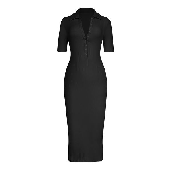 Kleid für Damen, kurzärmelige Kleider, Designer-Kleid für Damen, neue Ärmel mit Knöpfen, Revers, schmaler Faden, modische Damenbekleidung, die sich gut verkauft. Midi-Kleid mit hoher Taille