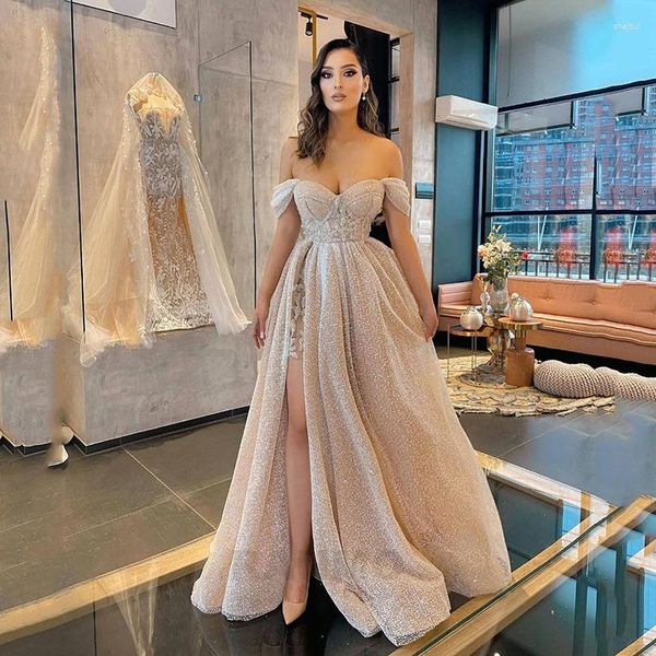 Vestidos de festa RANMO Glitter Dusty Pink Sequin A Line Prom Off the Shoulder Sweetheart Slit Long Formal 2023 Vestidos de noite