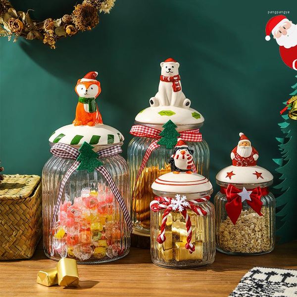 Garrafas de armazenamento Frasco de doces de Natal Garrafa de presente de ano Papai Noel Boneco de neve Elf Tank Caixa de biscoito de chocolate selada com tampa