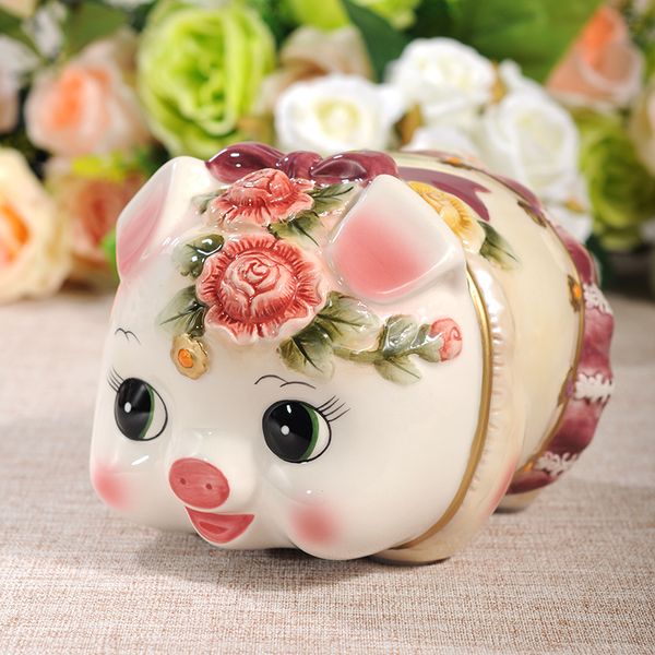 Dekorative Objekte Figuren Rosa Kreative Keramik Rose Schwein Sparschwein Home Decor Handwerk Raumdekoration Objekte Kind Sparschwein Geschenke für Mädchen Figur 230726