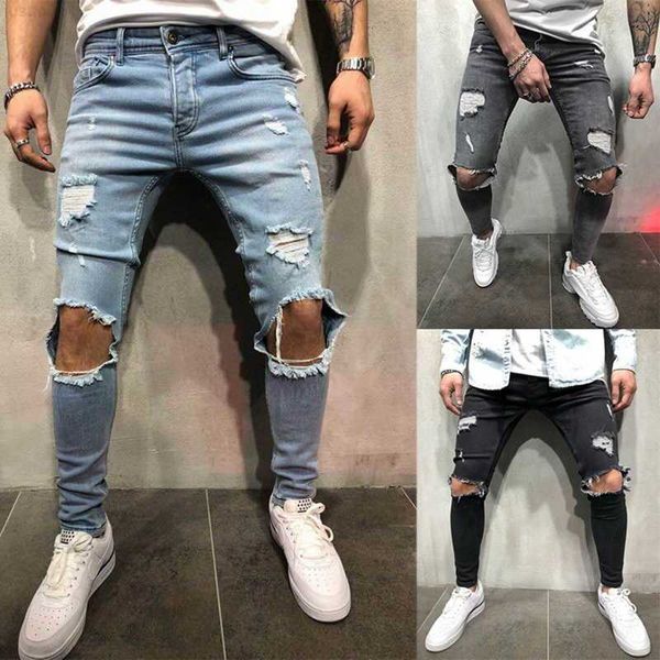 Jeans masculino com furos rasgados casual preto azul skinny slim fit motociclista hip hop com calça jeans sexy Holel 211009 L230726