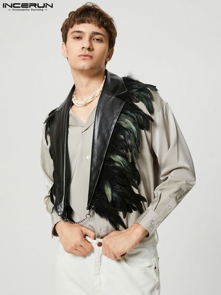 Gilet da uomo INCERUN Gilet da uomo Feather PU Patchwork in pelle Fashion Backless Gilet irregolari Uomo Streetwear Gilet senza maniche con risvolto 230725