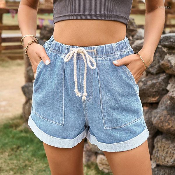 Jeans feminino cintura alta shorts jeans feminino solto moda streetwear azul alça elástica bainha enrolada tamanho grande calças cargo femininas