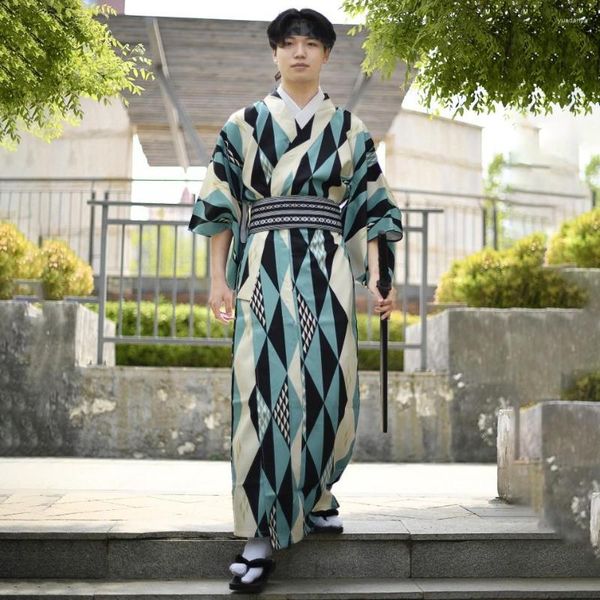 Roupas étnicas masculinas tradicionais quimono robe vestido estampado samurai japonês trajes de cosplay casuais quimonos cinto vestido yukata solto masculino