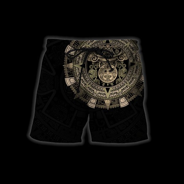 HX Mexican Aztec Warrior Shorts 3D Graphic Tattoo Polyester Board Shorts Moda Casual Roupas Masculinas Ropa Para Hombre