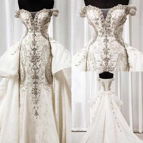 Luxus Meerjungfrau Kristall Brautkleider 2023 Weg Von der Schulter Spitze Perlen Prinzessin Brautkleider Arabisch Dubai Vestidos De Novia Customed