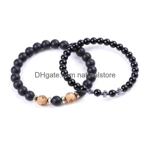 Charm Bracelets Moda Cruz Contas De Madeira Pulseira Black Agate Bangle Cuff Para Mulheres Homens Jóias Will And Sandy Drop Delivery Dhrje