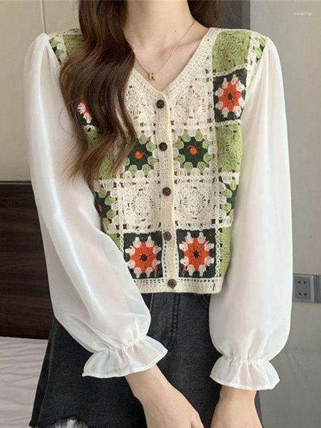 Женские блузки винтажная цветочная рубашка для кроше для женщин повседневные вязаные топы с длинным рукавом