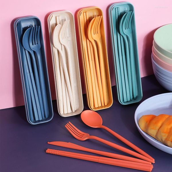 Conjuntos de louça de palha de trigo conjunto de talheres faca garfo colher pauzinho estudante trabalho viagem ao ar livre portátil mesa de jantar 4 peças