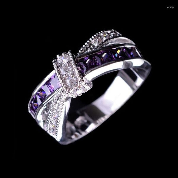 Cluster Rings 2023 Incrustado Roxo Zircão Anel Intersect Para Festa De Casamento Feminino Jóias Presente