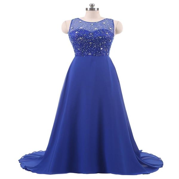 Royal Blue Plus Size Abiti da sera 2018 Sheer Neck Beaded Backless Long Prom Dress Abiti formali economici Real Po In Stock2270