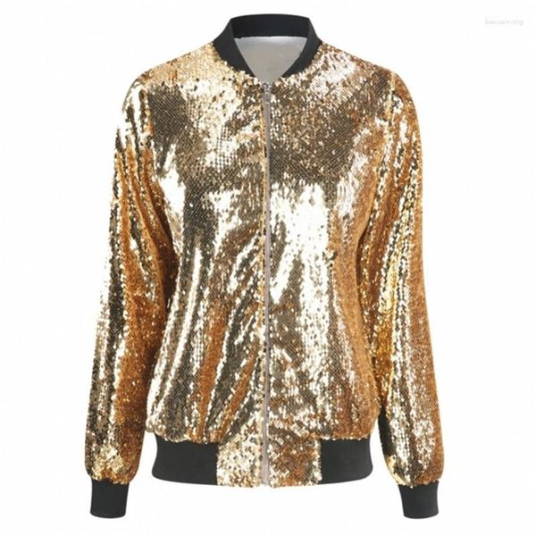 Jaquetas femininas Jaqueta toda com lantejoulas Bomber Zíper manga longa com decote em V Outerwear Dourado Preto Casual Casacos de beisebol Feminino