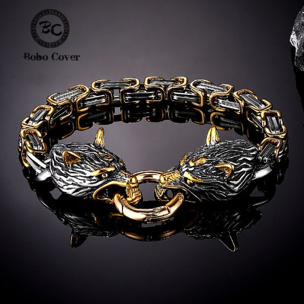 Bangle Norse Viking Celtic Wolf Head Bracciale Uomo Acciaio inossidabile Odin Wolf Bangle Amuleto Never Fade Gold Color King Chain Rock Jewelry 230726