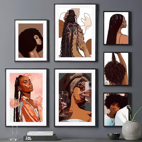 Caixas telvas de arte de parede pintando moda moda menina preta salão de cabeças de champanhe Posters de decoração e impressões de impressão de imagens de parede em casa