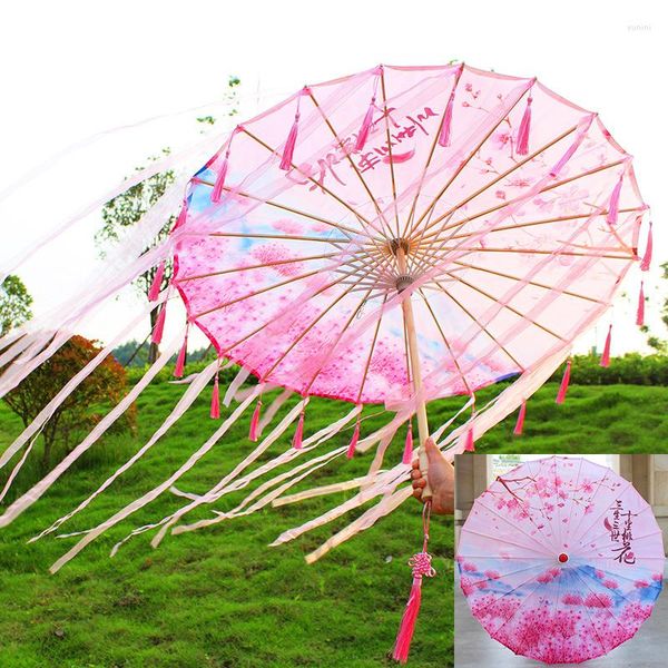 Guarda-chuva Guarda-chuva de papel a óleo Decorativo Guarda-chuva Han Cos Pography Traje antigo Borla Guarda-sol de seda chinês antigo Sombra de sol