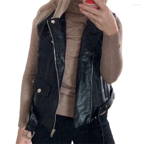 Gilet da donna 2023 Donna Moto Gilet in ecopelle nera di alta qualità Cintura Donna Street Zipper PU Giacca senza maniche Gilet Top