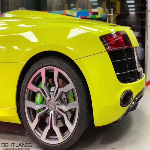 Super Gloss Crystal Lemon Yellow Vinyl Wrap Self -Adhesive Plam Sticker Glossy Yellow Car Curting Foil Roll Air Channel315i