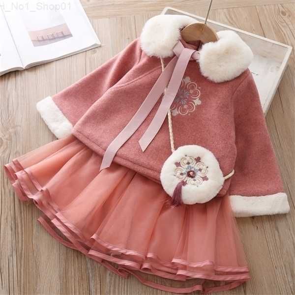 Completi di abbigliamento stile cinese retrò vestito di lana Tang gonna a rete set vestiti invernali addensare caldo capodanno costume bambina 3 pezzi Y1106 Z230726