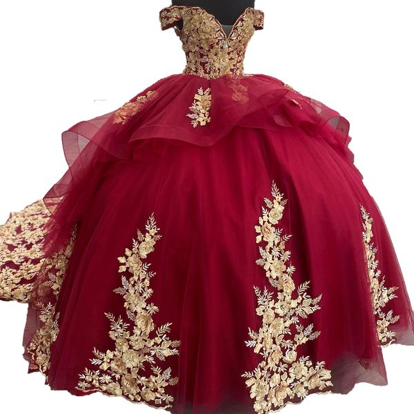 Красное/Золотое платье Quinceanera 2024 кружевные аппликации charro mexican Quince Sweet 15/16 Платье для вечеринки по случаю дня рождения для 15-й девушки выпускной