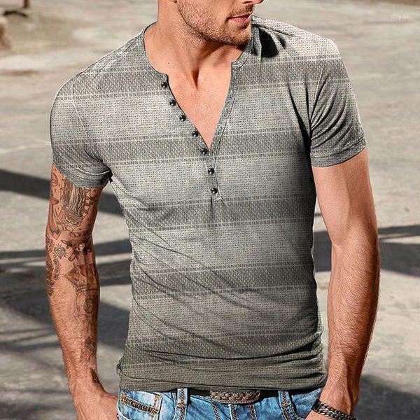 Camisetas masculinas vintage estampa listrada manga curta verão casual abotoado decote em V pulôver tops 2023 streetwear masculino camisetas de lazer