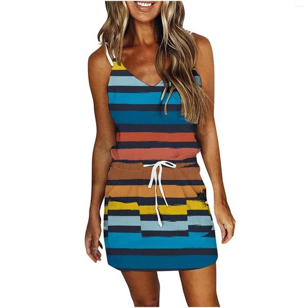 Vestidos casuais de praia para mulheres listrados sem mangas da moda minipequeno vestido de verão médio para o dia