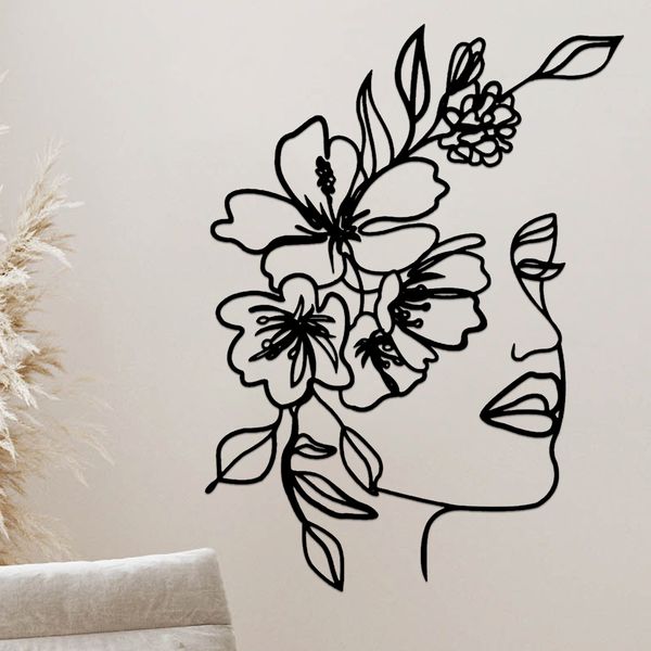 Dekoratif nesneler figürinler metal çizgi sanat duvar dekorasyonu soyut kadın yüz dcor çiçek asılı minimalist 230725
