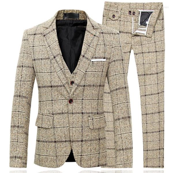 Мужские костюмы 2023 Модные бутик -бутик для бизнес -клетчатки стройные брюки 3 ПК набор / мужское льняное полоса