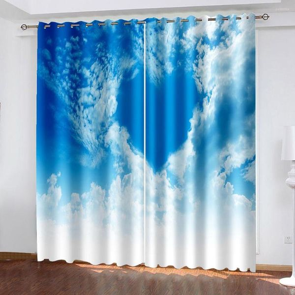 Cortina céu azul e nuvens brancas série guarda-sol cortinas sala de estar quarto decoração de casa 2 peças de ganchos furos