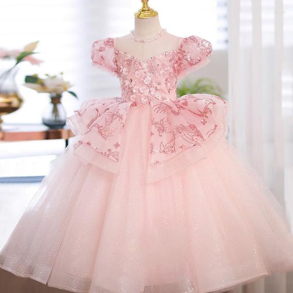 Abiti da ragazza Flower Princess Pink Dress Bambini Wedding Christmas Party Lace Elegante Organza Performance Costume Kids Prom Gown