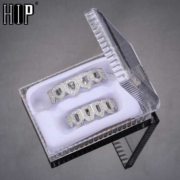 Hip Hop Iced Teeth Kubikzircon Micro Pave Top Bottom Charm Grills Set Kappen für Männer Frauen Schmuck Box Verpackung 230726