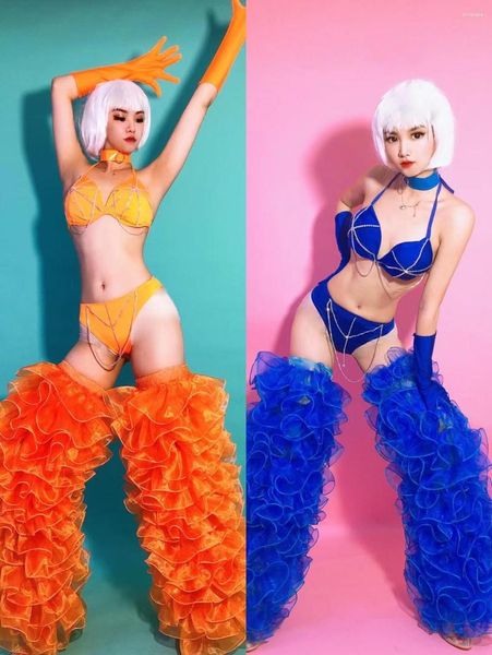 Stage Wear Nightclub Party Show Sexy Orange Blue Strass Bikini Leg Caves Outfit Bar Dance Team Gogo Costume Women DJ Dancer