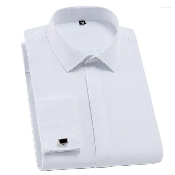 Camisas casuais masculinas brancas camisas de smoking com ajuste regular, manga longa, abotoaduras francesas, luxo, marca formal, botão, punho, festa de negócios