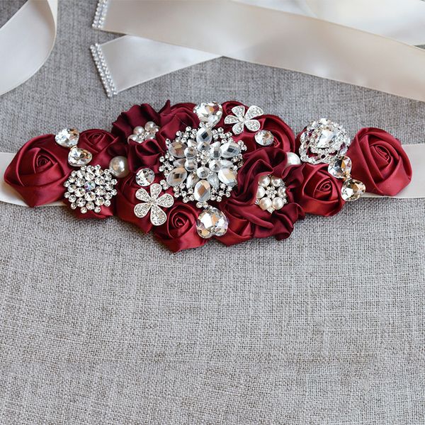 Flores de moda Flores de moda Flores de noiva Floral Bridal com Cristal Strass Sinturador cinza Borgonha White Belt Wedding Belt