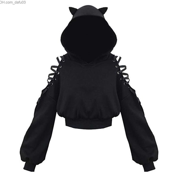 Kadın Hoodies Sweatshirts Harajuku Sweatshirt Kadın Punk Gotik Hoodie Sonbahar Kış artı Kadife İçi Boş Dantel Uzun Kollu Sevimli Kedi Kulu Hoodie Z230726