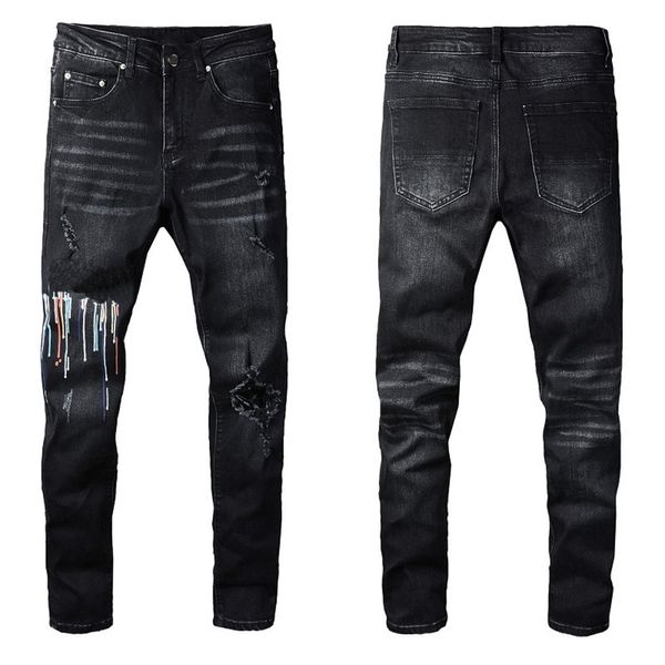 Jeans masculino europeu jean hombre calças masculinas preto motociclista bordado rasgado para tendência algodão moda masculina jeans masculino calças cargo pretas hip designer jeans masculino