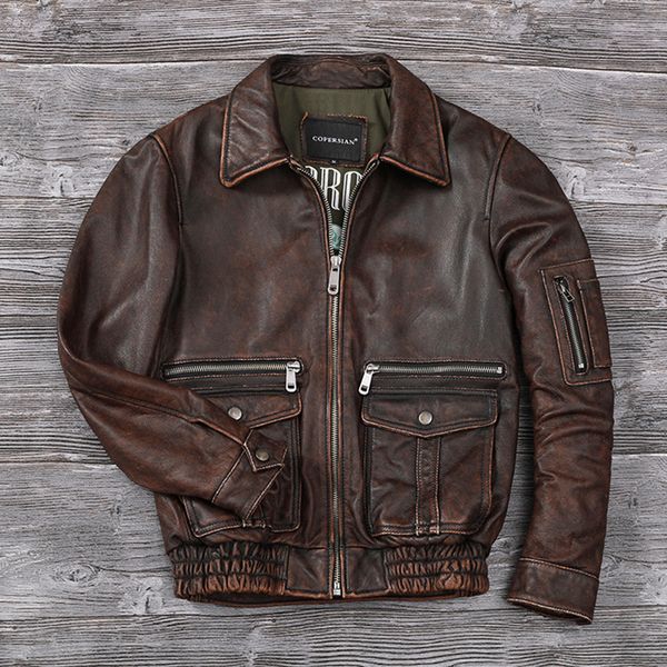 Gilet da uomo Uomo Stone Distressed Genuine Leather Jacket Strato superiore Pelle bovina Air Force Flight Giacche Moda vintage Redbrown Corium Coat 230726