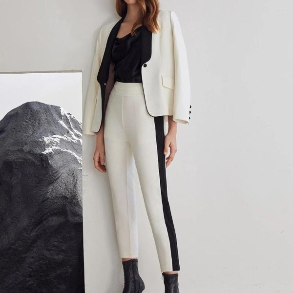 Damen-Zweiteiler, hochwertig, strukturiert, Kontrastkragen, Blazer, Hosenanzug, Set für Damen, modisch, modern, formelles Outfit, Smoking, weiblich, gefüttert