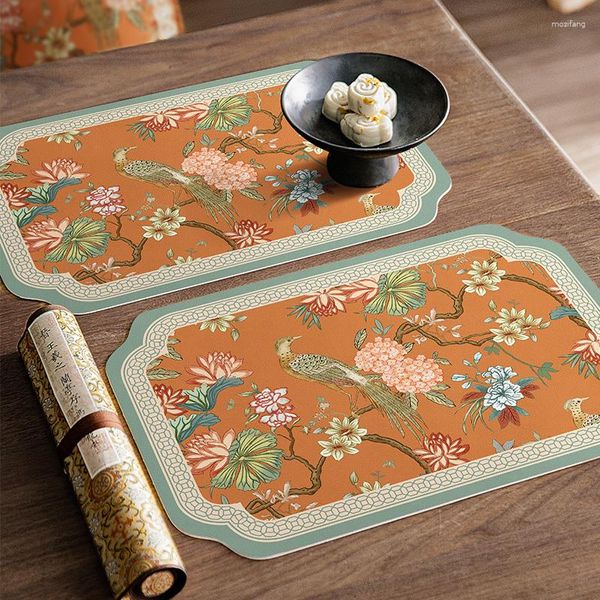 Сторонные коврики Hydrangea Faux Plactemats 2 из 2 оранжевых цветочных птиц в китайском стиле, термостойкая цифровая печать для семейства вечеринок