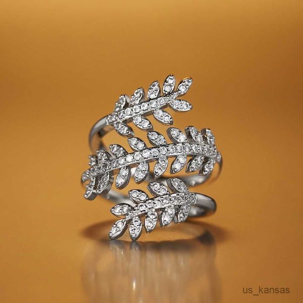 Anéis de banda Design de moda Anéis de folha de oliveira para mulheres Luxo incrustado cúbico chique Feminino Acessórios de dedo Jóias de festa R230726