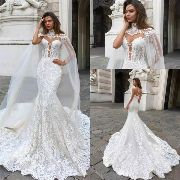 2019 Splendidi abiti da sposa a sirena in pizzo con cappuccio sul retro con cappuccio in maglia trasparente Top Applique Plus Size Abiti da sposa da sposa Vestidos De269f