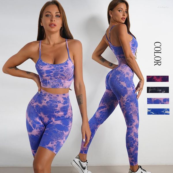 Set attivi Fitness Sports Set Tie Dye Leggings Reggiseno posteriore da donna Training Gathering Yoga Suite Tank Top Tuta