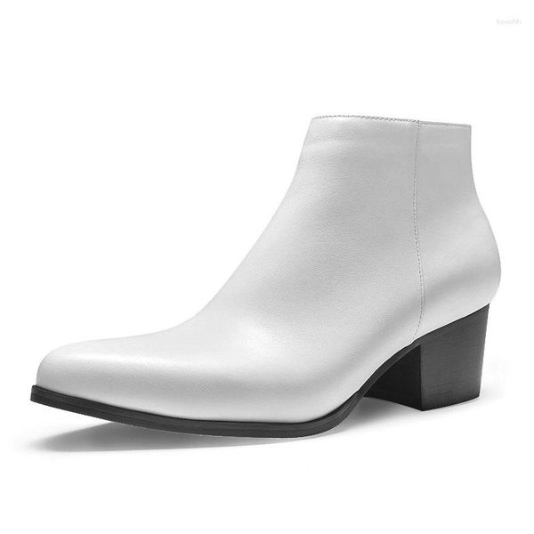 Botlar Beyaz Yüksek Topuk Boot Erkekler için gerçek deri erkek ayak bileği sivri uçlu ayak iş ayakkabıları siyah kahverengi