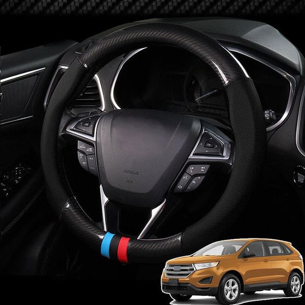 Para ford edge capa de volante antiderrapante preto fibra de carbono superior PVC couro3143