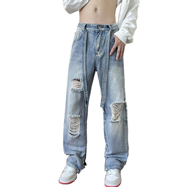 Мужские джинсы разорванные отверстия Мужская лента мешковатая модная джинсовая ткань широкие брюки для ног Случайные ретро -синие хип -хоп корейские брюки 230725