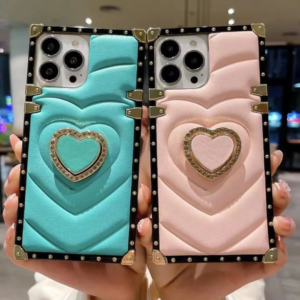 3D Love Heart Derver Square Ceather Case для iPhone 14 13 12 11 Pro Max Samsung S23 S22 Plus Ultra Shockper Cover