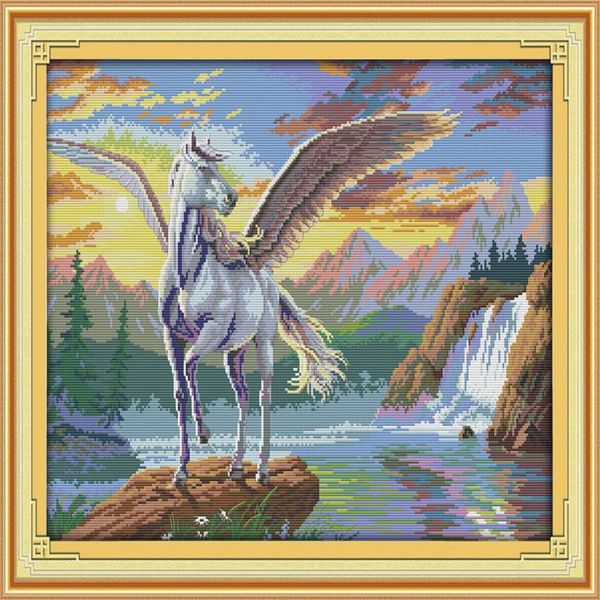 Cavallo volante animale Paesaggi decor dipinti Fatti a mano Punto croce Strumenti artigianali Ricamo Set di cucito stampa contata su canv2543