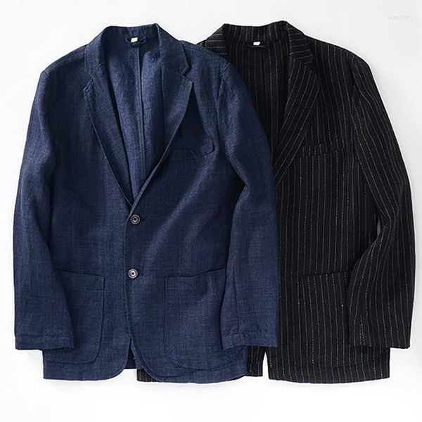 Abiti da uomo Giacca blazer da uomo in lino blu navy 95% 2023 Cappotto sportivo traspirante rinfrescante di marca Giacche retrò casual tinta unita alla moda