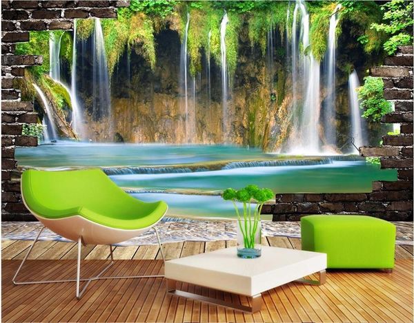 Papéis de parede personalizados po 3d murais de parede papel de parede montanha cachoeiras pintura água corrente decoração imagem para sala de estar