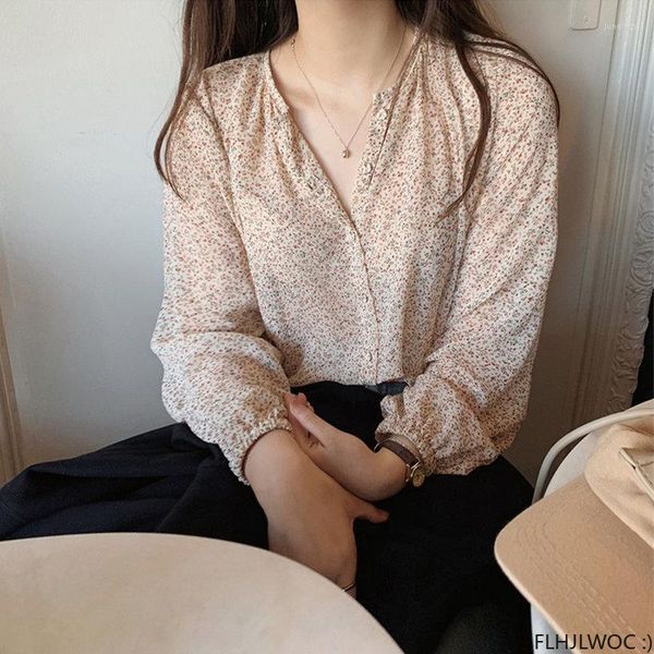 Kadın bluzları sevimli tatlı üstler 2023 yaz moda kadınlar uzun kollu gündelik japonya tarzı çiçek baskısı retro vintage düğme gömlekleri